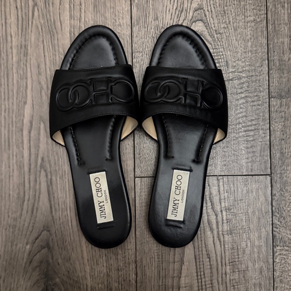 Jimmy Choo Black Leather Slides - Picture 1 of 3
